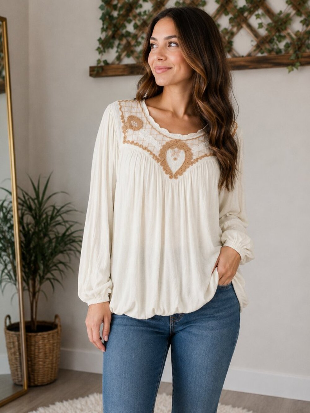 Free People Begonia Embroidered Boho Peasant Blouse Tunic Top Sz M